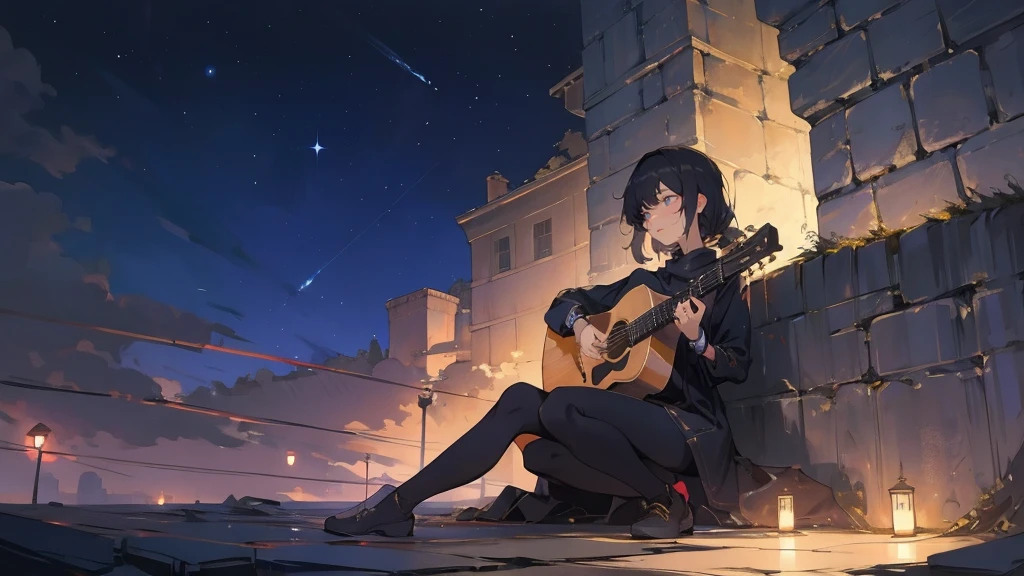 masterpiece,night,(dark alley),star、Night Sky、milky way、octone、
(1. Female), (solo), Knee hugging sitting，acousticguitar