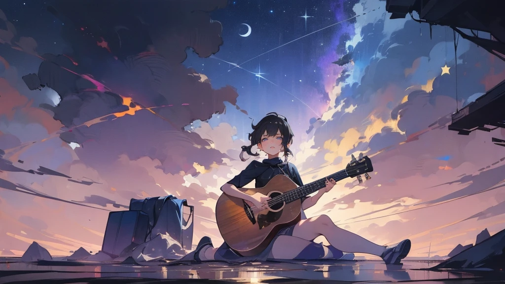 masterpiece,night,(dark alley),star、Night Sky、milky way、octone、
(1. Female), (solo), Knee hugging sitting,acousticguitar