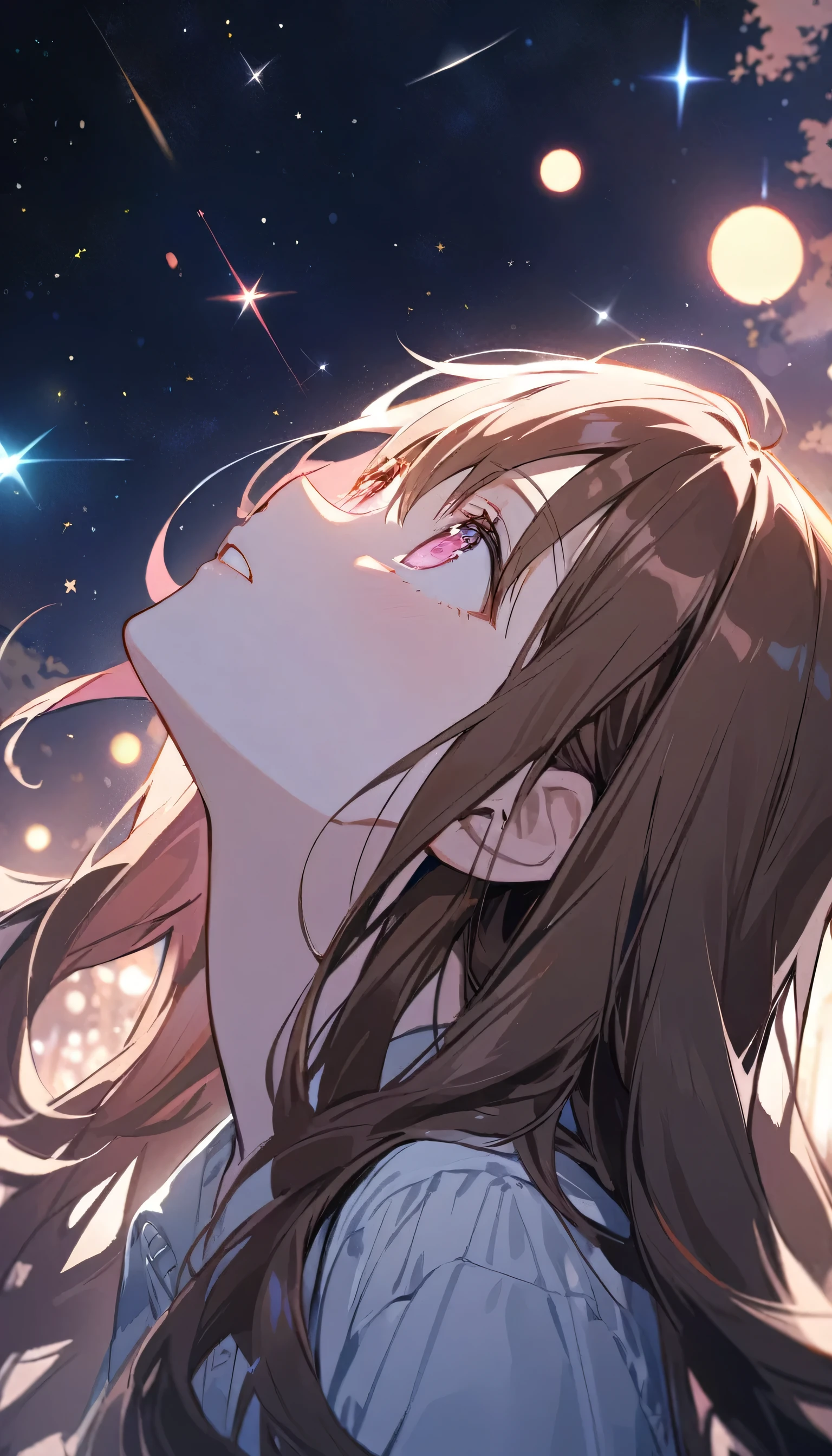 good looking, Alone, 1 female, Long Hair, Brown Hair, Pink highlights on the tip,Pale pink eyes,Looking up at the stars in the park at night,Astronomical Observation,An emotional face