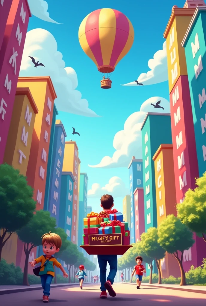 It will be an exciting and very beautiful city. There will be big buildings and the colors of the buildings will be very beautiful. Each building will have the inscription M GIFT on its front. And one will carry many gifts in a wheelbarrow. And above will fly a beautiful balloon which will be written on the balloon M GIFT. And first there will be a signboard before the city where it says M GIFT REWARD. And the kids will run around. The sky will be very beautiful. The sun will smile a little.