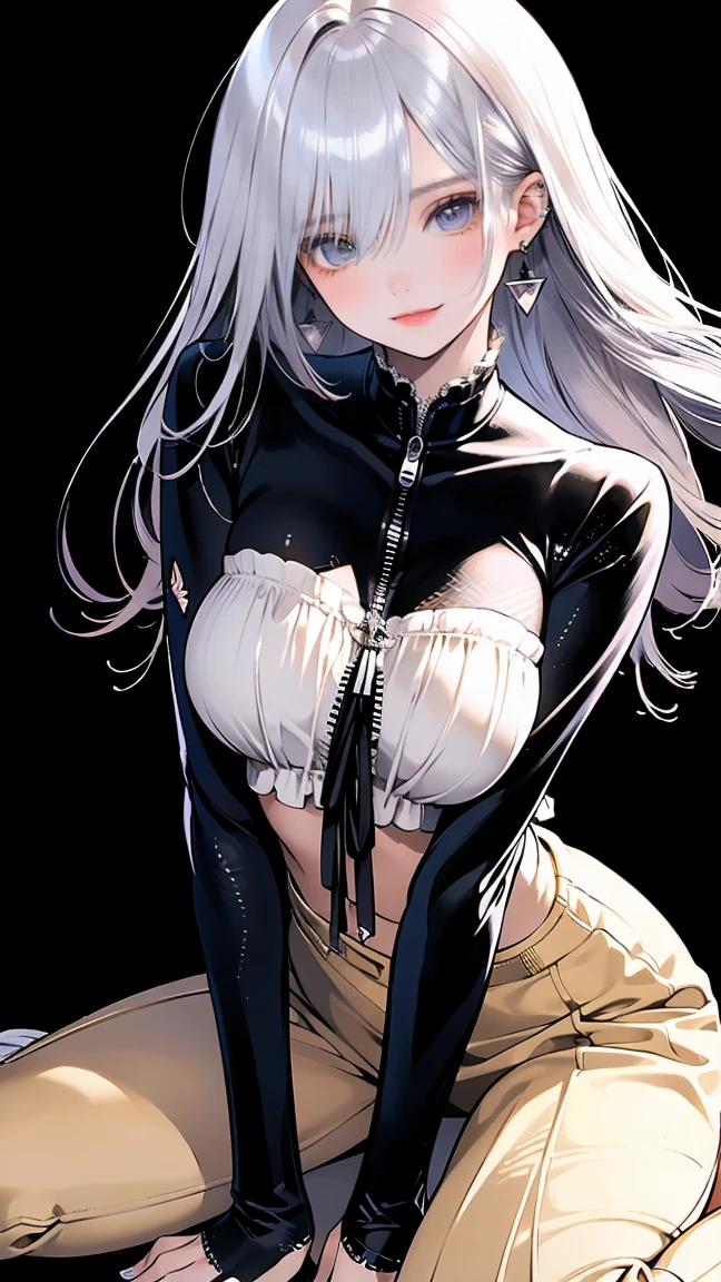 masterpiece, best quality, 1girl, beautiful detailed eyes, perfect face, beautiful detailed face, looking at viewer, photo fine print, amazing sharp focus, ultra detailed, silver hair, upper body, navel, large breasts, race queen, black jacket, blue eyes, cat ears, long hair, sleepy, sweat, breathing, soft skin, indoors, afterglow