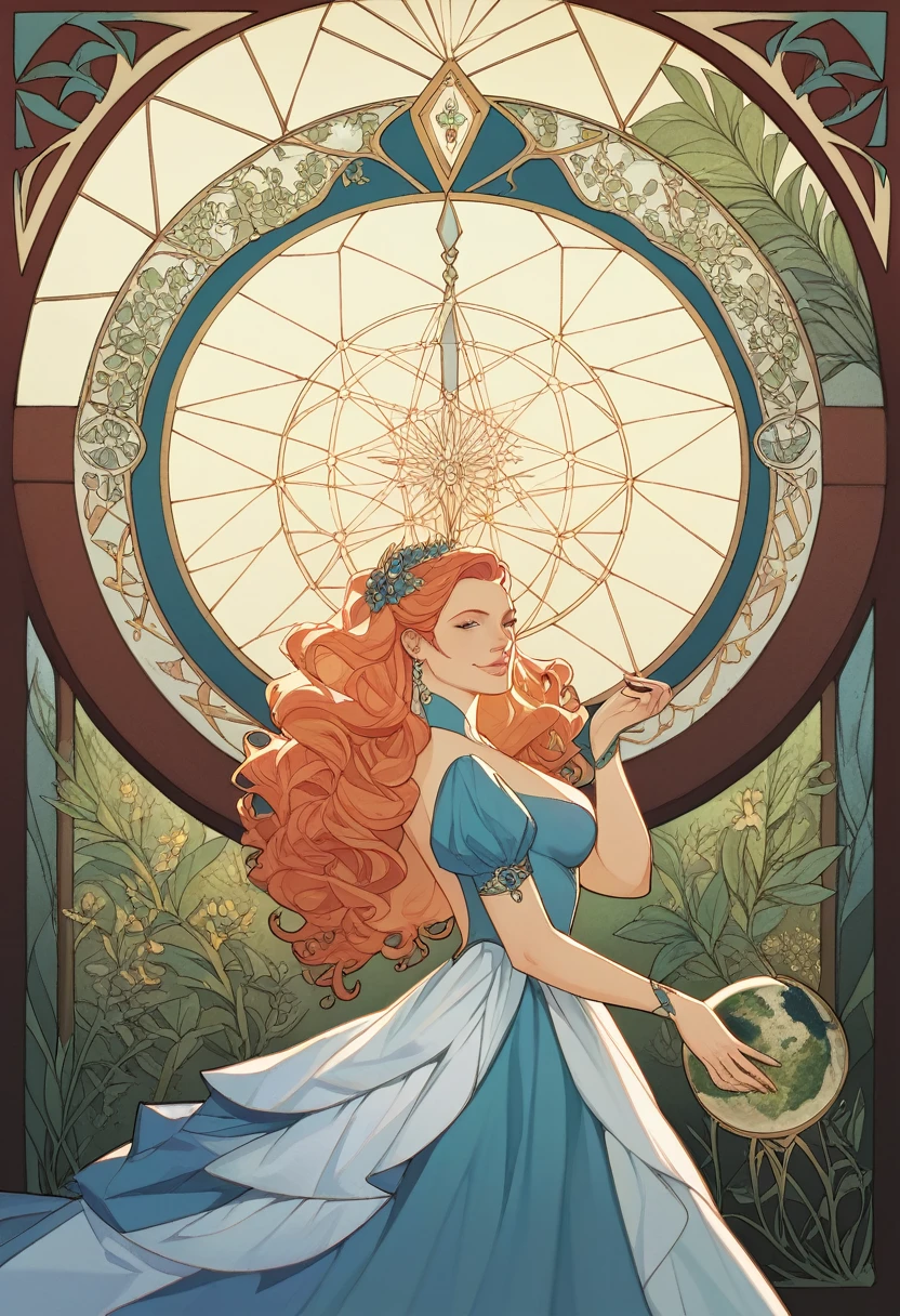 cover page, highres, top quality, best quality, paid reward available, unparalleled masterpiece, perfect artwork, absurdres, High-quality illustrations by Alphonse Mucha, art nouveau, Delicate and elegant linework, flowing hair, Flowing Dresses, Curvilinear lines, Decoration with plant motifs, Geometric decoration, Poetic atmosphere, Rich colors, Dreamy, mystical, Tarot Card(In the forest where the stream flows, Backlighting)perfect anatomy(Furry, Solo focus, Dress, Long Globe, Facial features of animals, Features of the animal's body)All over body, Archaic Smile (portrait),