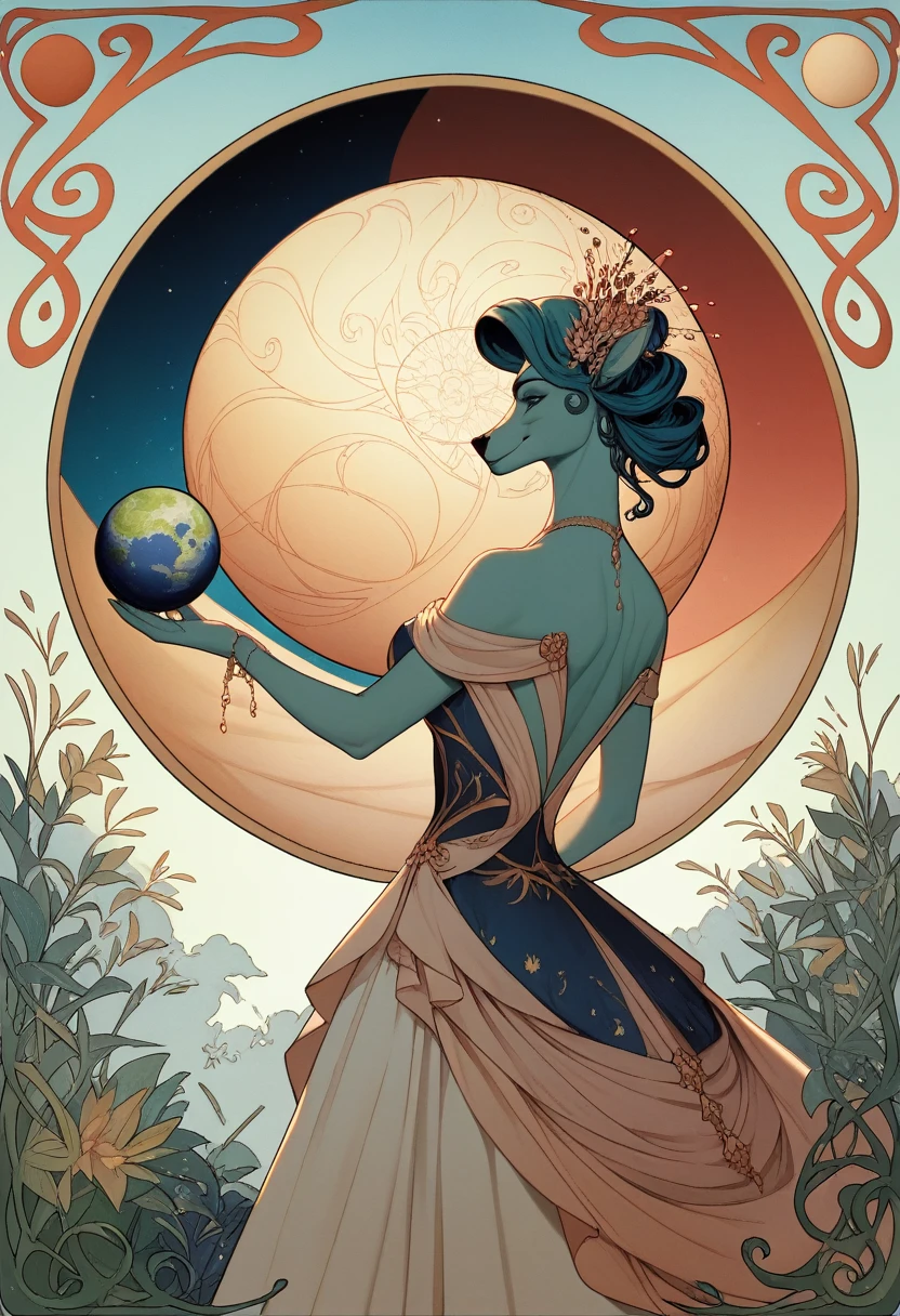 cover page, highres, top quality, best quality, paid reward available, unparalleled masterpiece, perfect artwork, absurdres, High-quality illustrations by Alphonse Mucha, art nouveau, Delicate and elegant linework, flowing hair, Flowing Dresses, Curvilinear lines, Decoration with plant motifs, Geometric decoration, Poetic atmosphere, Rich colors, Dreamy, mystical, Tarot Card(In the forest where the stream flows, Backlighting)perfect anatomy(Furry, Solo focus, Dress, Long Globe, Facial features of animals, Features of the animal's body)All over body, Archaic Smile (portrait),