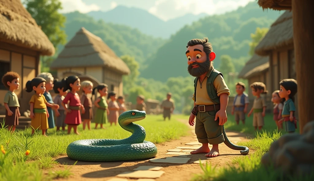 In cinematic 3D cartoon Style. Villagers Admiring Ramü and the Snake's Friendship: The villagers gather around Ramü and the snake in awe, discussing the farmer’s bravery and the unusual friendship. Ramü is modestly smiling, with the snake calmly coiled by his feet. The village and fields form the backdrop.
