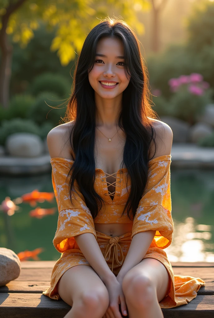 a beautiful Asian woman with long black hair, full body, detailed eyes, nose, and lips, wearing colorful, casual, modern outfit, sitting on a bench in a zen garden, pond with coy fish, smiling, golden hour, happy to be alive (best quality,4k,8k,highres,masterpiece:1.2),ultra-detailed,(realistic,photorealistic,photo-realistic:1.37),HDR, studio lighting, extremely detailed face and body, portrait, cinematic lighting, dramatic lighting, warm color tones, dramatic colors