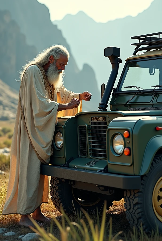 Create me a realistic picture of a God repairing a Land Rover Defender