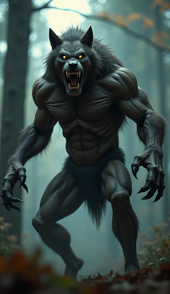 a werewolf, realistic muscular body, highly detailed, 8k, photorealistic, full body, sharp focus, studio lighting, ultra-detailed, cinematic lighting, dramatic lighting, chiaroscuro, moody atmosphere, dark fantasy, hyper-realistic, anatomically accurate, intricate details, dynamic pose, glowing eyes, sharp fangs, powerful claws, fur texture, rugged skin, bulging muscles, outdoor forest background, depth of field, color grading, moody tones