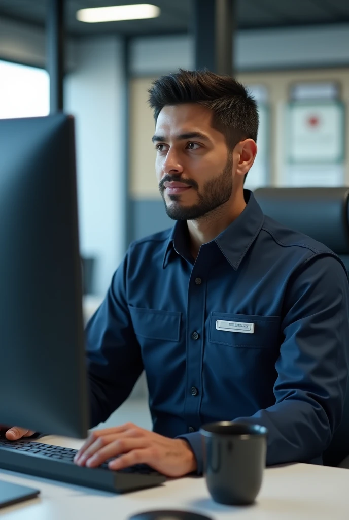 Create image for 25 year old man wearing Saudi Aramco uniform and working in office with desktop