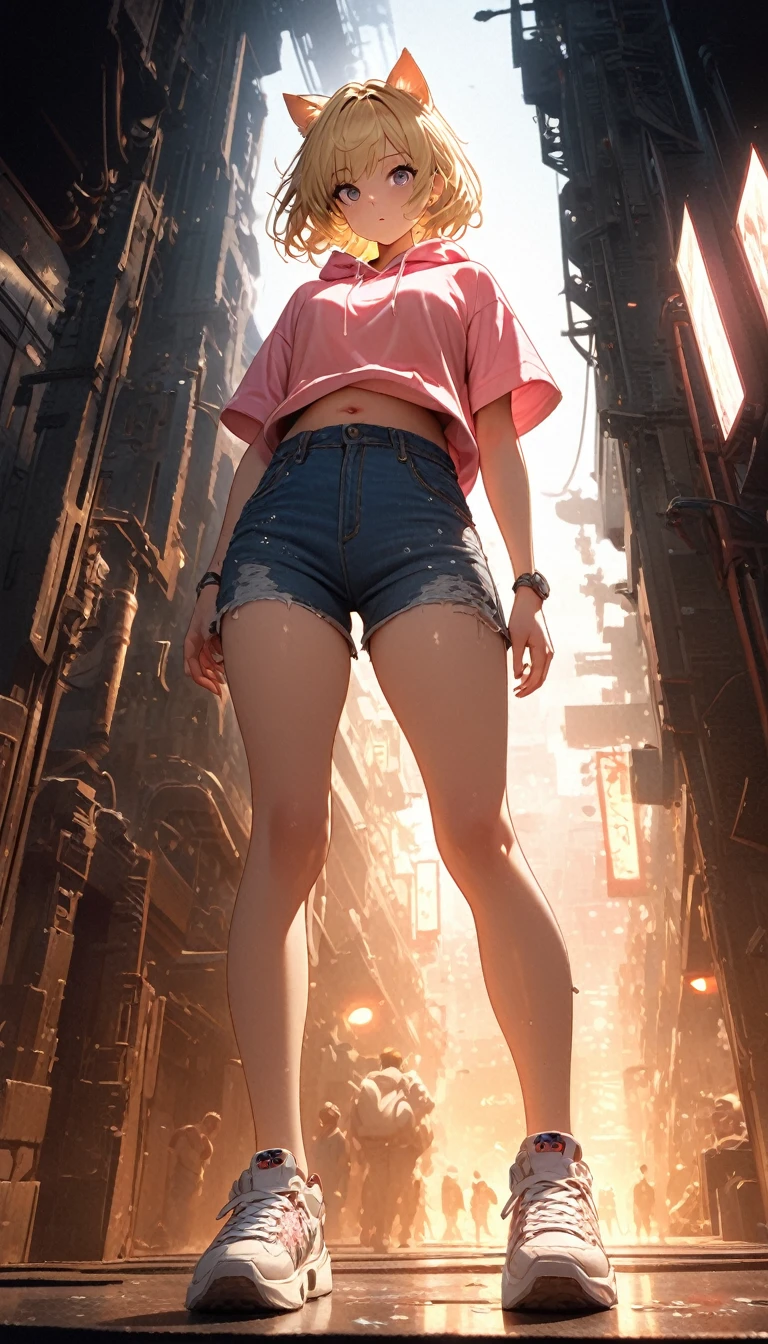 Blonde Hair、Short Hair、Cat ears of the same color as the hair、Plain pink short sleeve hoodie、Denim hot pants、Belly button、sneakers、Pure white background,Depth of written boundary,Low angle view,Calf Level View,Overclocked Renderer,Cinema Lighting,Ultra-fine,Very detailed,complicated,Cinematic Perspective,CG Art,