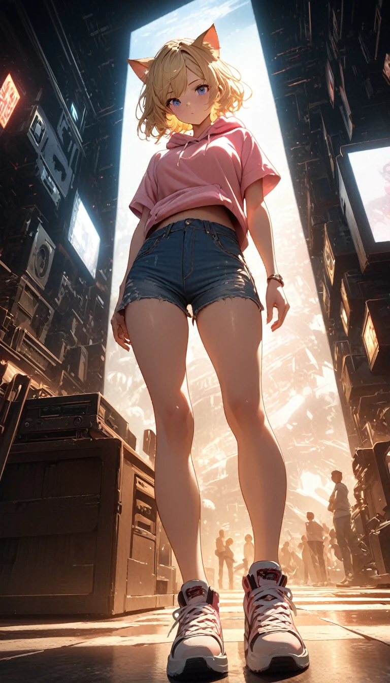 Blonde Hair、Short Hair、Cat ears of the same color as the hair、Plain pink short sleeve hoodie、Denim hot pants、Belly button、sneakers、Pure white background,Depth of written boundary,Low angle view,Calf Level View,Overclocked Renderer,Cinema Lighting,Ultra-fine,Very detailed,complicated,Cinematic Perspective,CG Art,