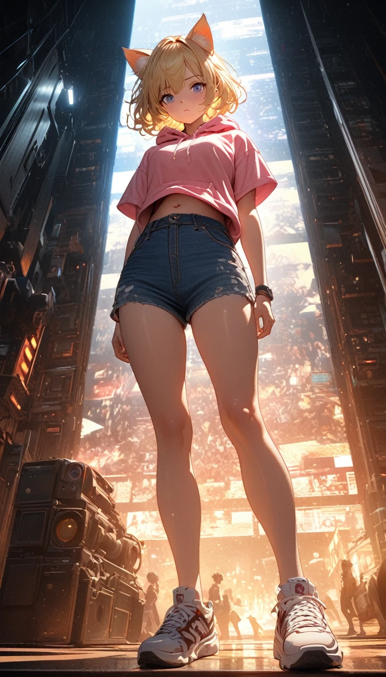 Blonde Hair、Short Hair、Cat ears of the same color as the hair、Plain pink short sleeve hoodie、Denim hot pants、Belly button、sneakers、Pure white background,Depth of written boundary,Low angle view,Calf Level View,Overclocked Renderer,Cinema Lighting,Ultra-fine,Very detailed,complicated,Cinematic Perspective,CG Art,