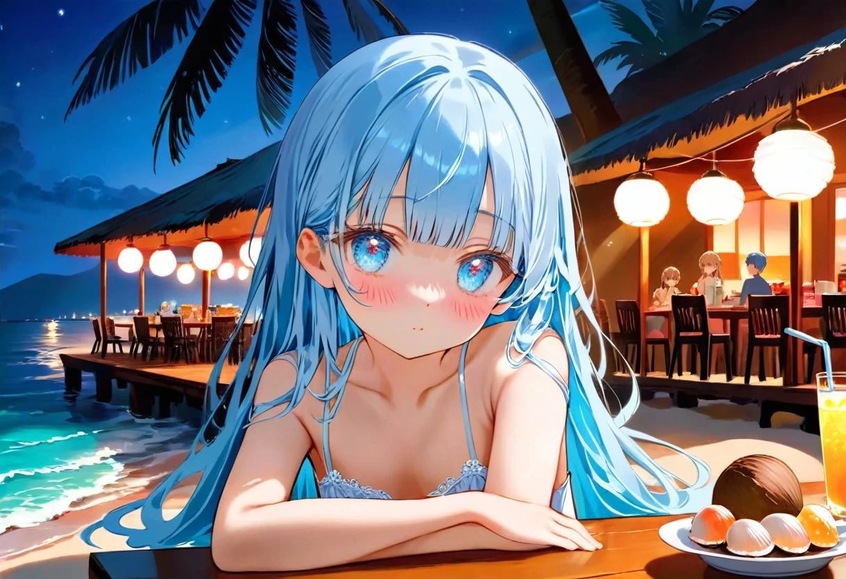 masterpiece, best quality, extremely detailed, (illustration, official art:1.1), 1 girl ,(((( light blue long hair)))), ,light blue hair, , long hair ((blush)) , cute face, masterpiece, best quality,(((((a very delicate and beautiful girl))))),Amazing,beautiful detailed eyes,blunt bangs((((little delicate girl)))),.(true beautiful), sense of depth,, ,(tiny 1girl model:1.2),)(flat chest),The beach at eight oclock at night，An outdoor seaside restaurant，There are some colored lights，plant，shell，beach，Stones，coconut tree，There are some drinks and snacks on the table