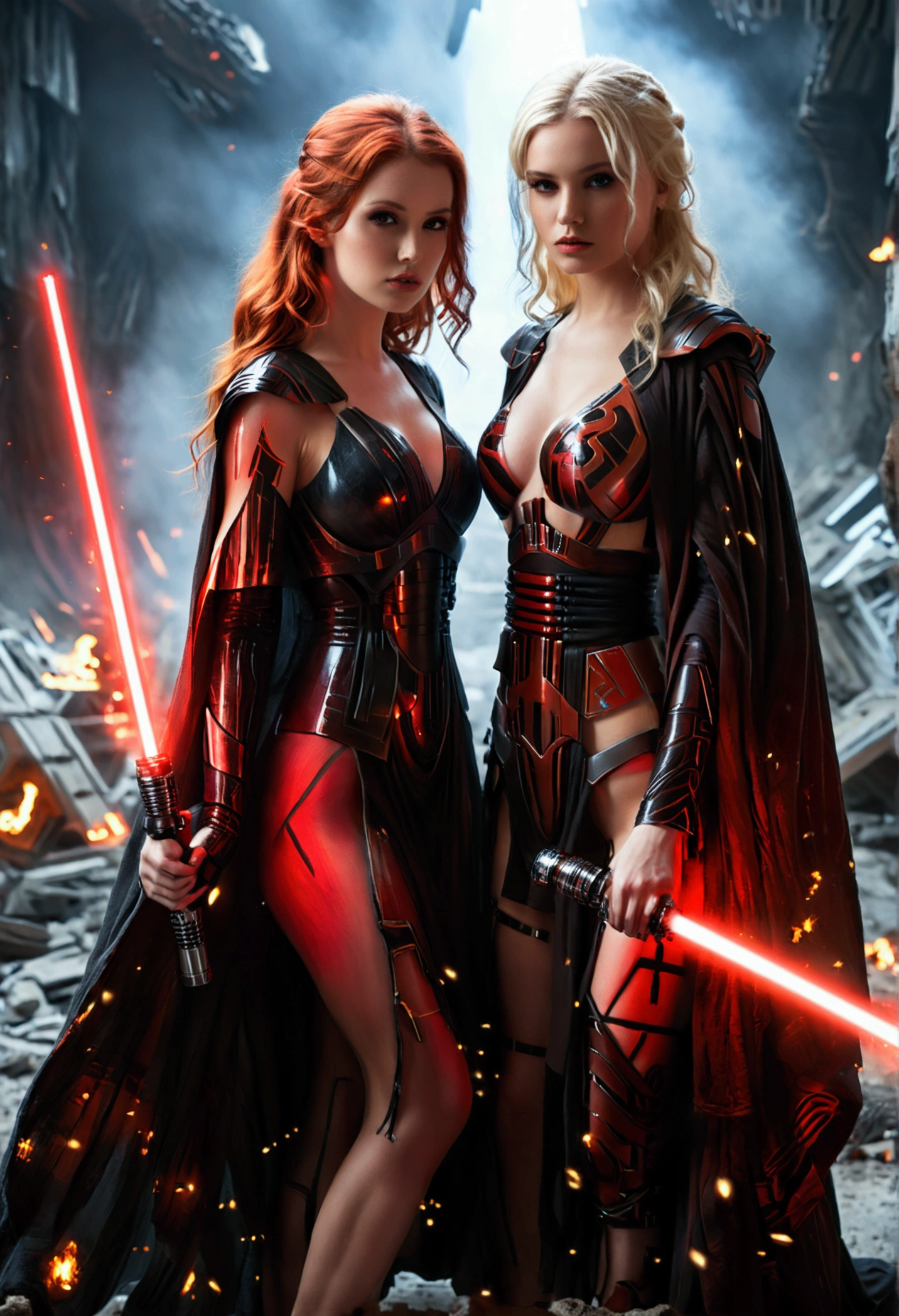 (full body shot:1) photorealistic image of two (walking pose:1) women, ultrarealistic, photography, one with long red hair, woman, 24 years old, hourglass figure, perfect body, seductive look, natural medium breasts, blur background, in complete darkness, (she is wearing a sith robe, she is holding a red lightsaber in her hand,) on a dark destroyed spacestation, explosion in the background, long sexy legs, the other girl has platinum blonde long hair, 30 years old, curvy figure, (she is wearing a sith robe and is also holding a red lightsaber in her hand), natural big breasts, they are walking towards the camera, dynamic shot, action shot