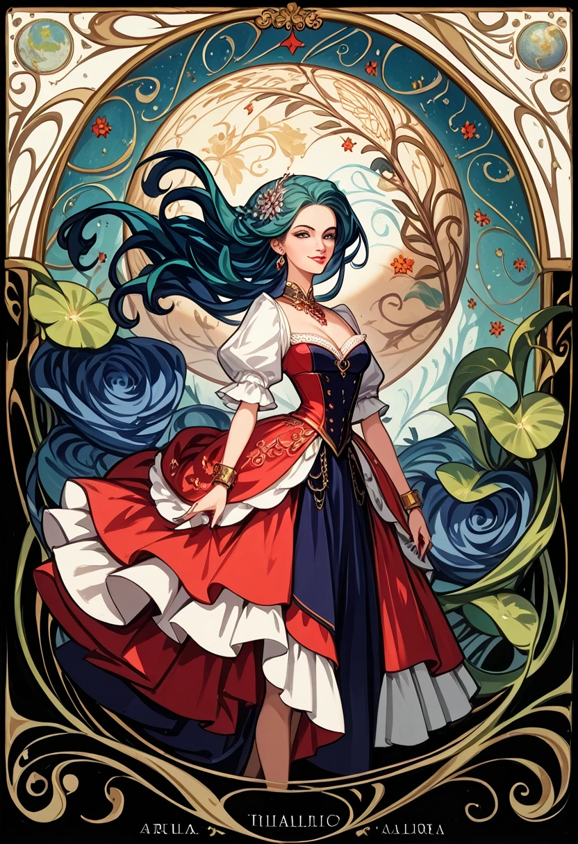 cover page, highres, top quality, best quality, paid reward available, unparalleled masterpiece, perfect artwork, absurdres, High-quality illustrations by Alphonse Mucha, art nouveau, Delicate and elegant linework, flowing hair, Flowing Dresses, Curvilinear lines, Decoration with plant motifs, Geometric decoration, Poetic atmosphere, Rich colors, Dreamy, mystical, Tarot Card(In the forest where the stream flows, Backlighting)perfect anatomy(Furry, Solo focus, Dress, Long Globe, Facial features of animals, Features of the animal's body)All over body, Archaic Smile (portrait),