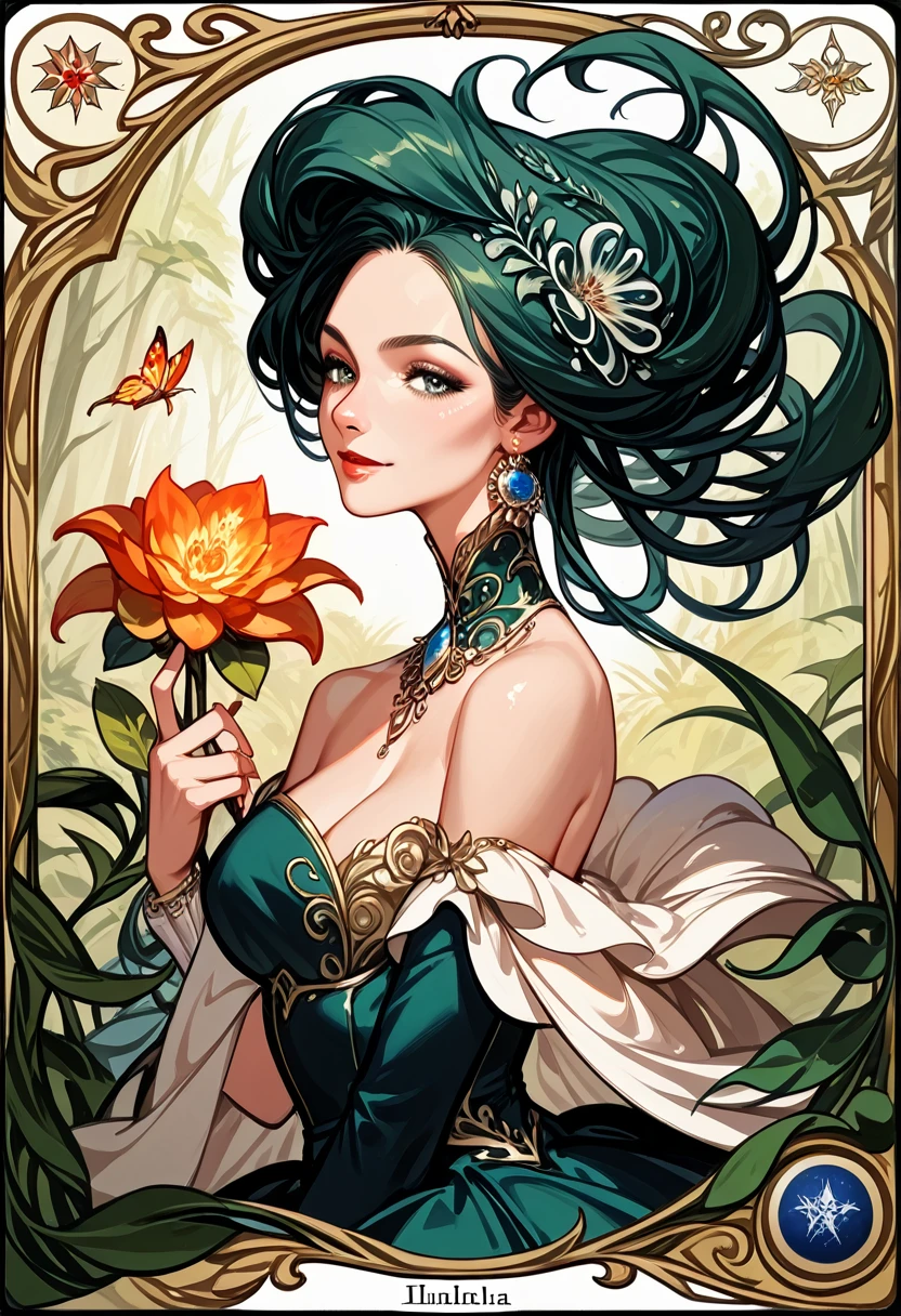 cover page, highres, top quality, best quality, paid reward available, unparalleled masterpiece, perfect artwork, absurdres, High-quality illustrations by Alphonse Mucha, art nouveau, Delicate and elegant linework, flowing hair, Flowing Dresses, Curvilinear lines, Decoration with plant motifs, Geometric decoration, Poetic atmosphere, Rich colors, Dreamy, mystical, Tarot Card(In the forest where the stream flows, Backlighting)perfect anatomy(Furry, Solo focus, Dress, Long Globe, Facial features of animals,  Features of the animal's body)All over body, Archaic Smile (portrait),