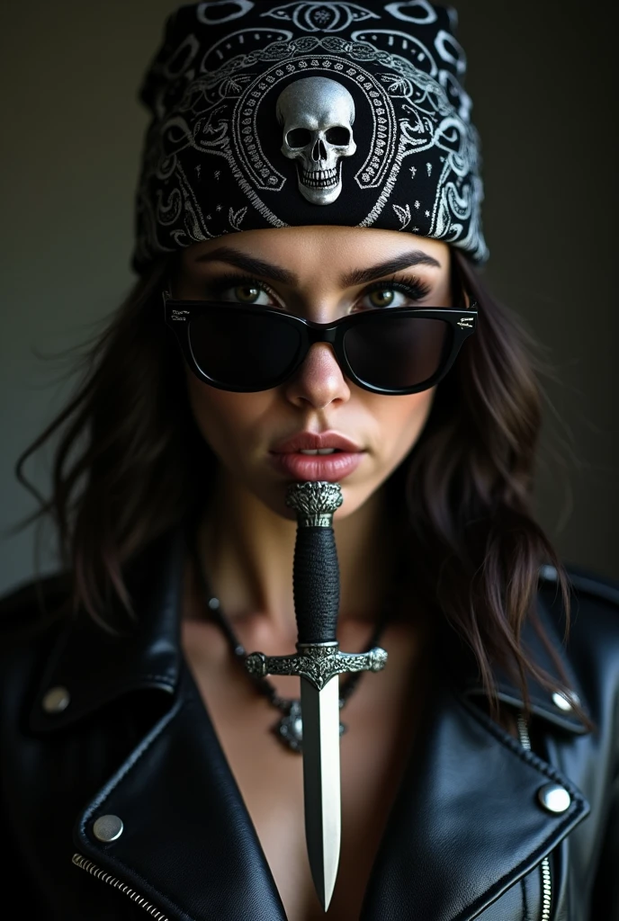 high quality portrait photo of {a lady badass wearing a black leather jacket open button, bandana with skull ornament, black sunglasses, a dagger in her mouth}, serious face, detailed face, skin pores, cinematic shot