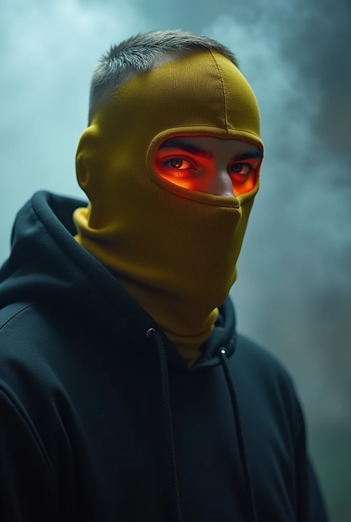 white man wearing a hoodie, wearing a dark yellow balaclava mask, with gangster haircut, captured from a low, slightly angled point of view of his head, glowing smoke coming from his eyes, looking at the camera transparent background