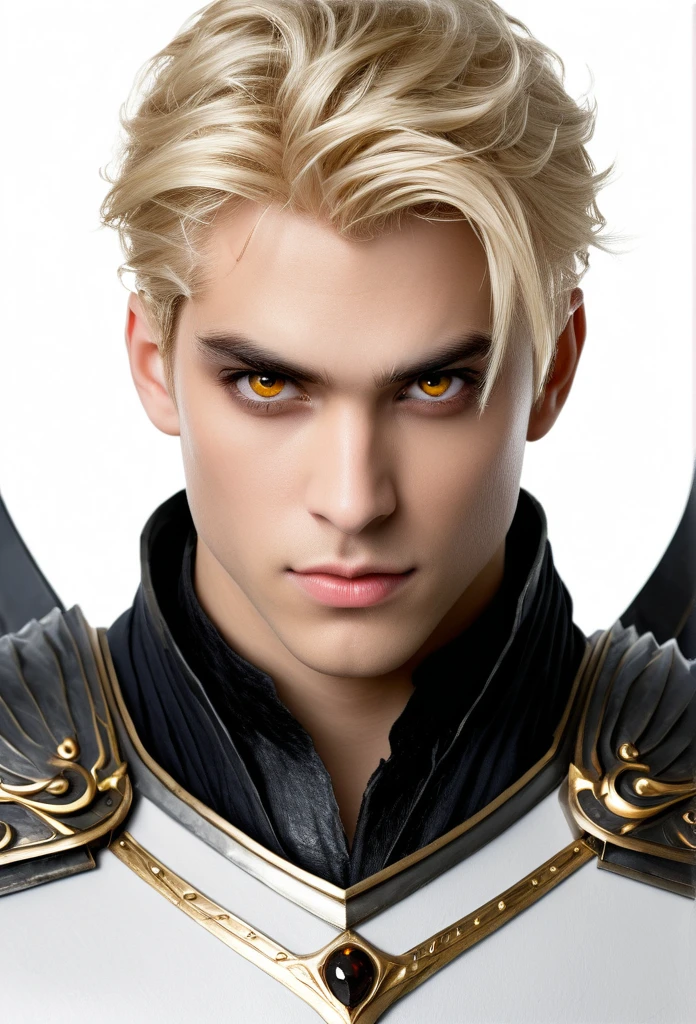 highest quality, masterpiece, Ultra-high resolution, White Background, Realistic, Hades Style, Withdrew from the 16-year-old prince on the battlefield, Short blonde, Amber Eyes, Prince's Armor, Cape, Depth of written boundary