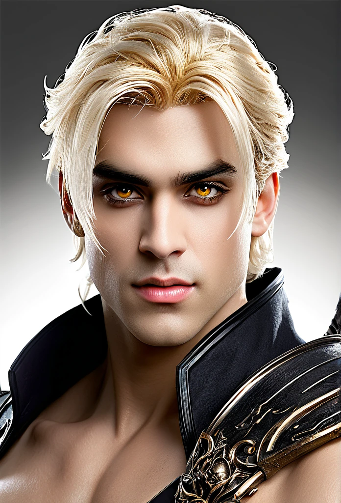 highest quality, masterpiece, Ultra-high resolution, White Background, Realistic, Hades Style, Withdrew from the 16-year-old prince on the battlefield, Short blonde, Amber Eyes, Prince&#39;s Armor, Cape, Depth of written boundary