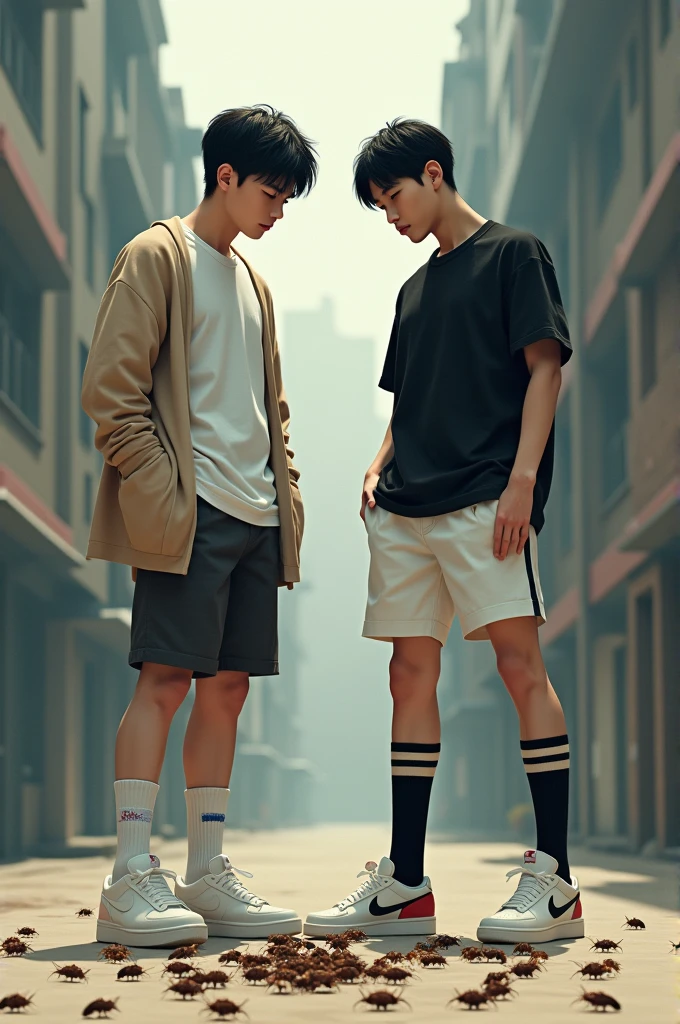 2 handsome asian male teenagers with black hair and a tall,slim bodies. 1st asian male teenager wears a white t shirt, beige cardigan, long white socks with 2 blur stripes and white air force ones. 2nd asian male teenager wears a black t shirt, white shorts, long black socks with 2 white stripes, and nike air jordans. Both are stomping and trampling bugs beneath their shoes