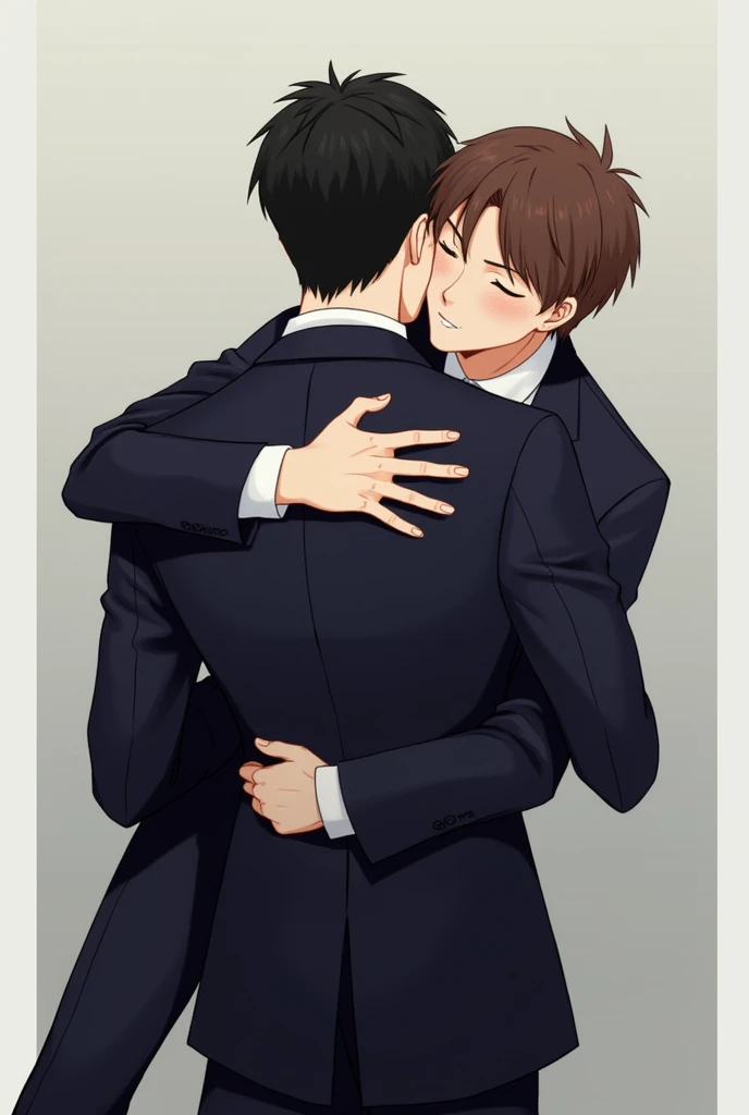 Men, Suit, BL, Back hug, Hug, Kiss on the cheek, Hug from behind, Black hair, Brown hair, Office, Hands around waist
