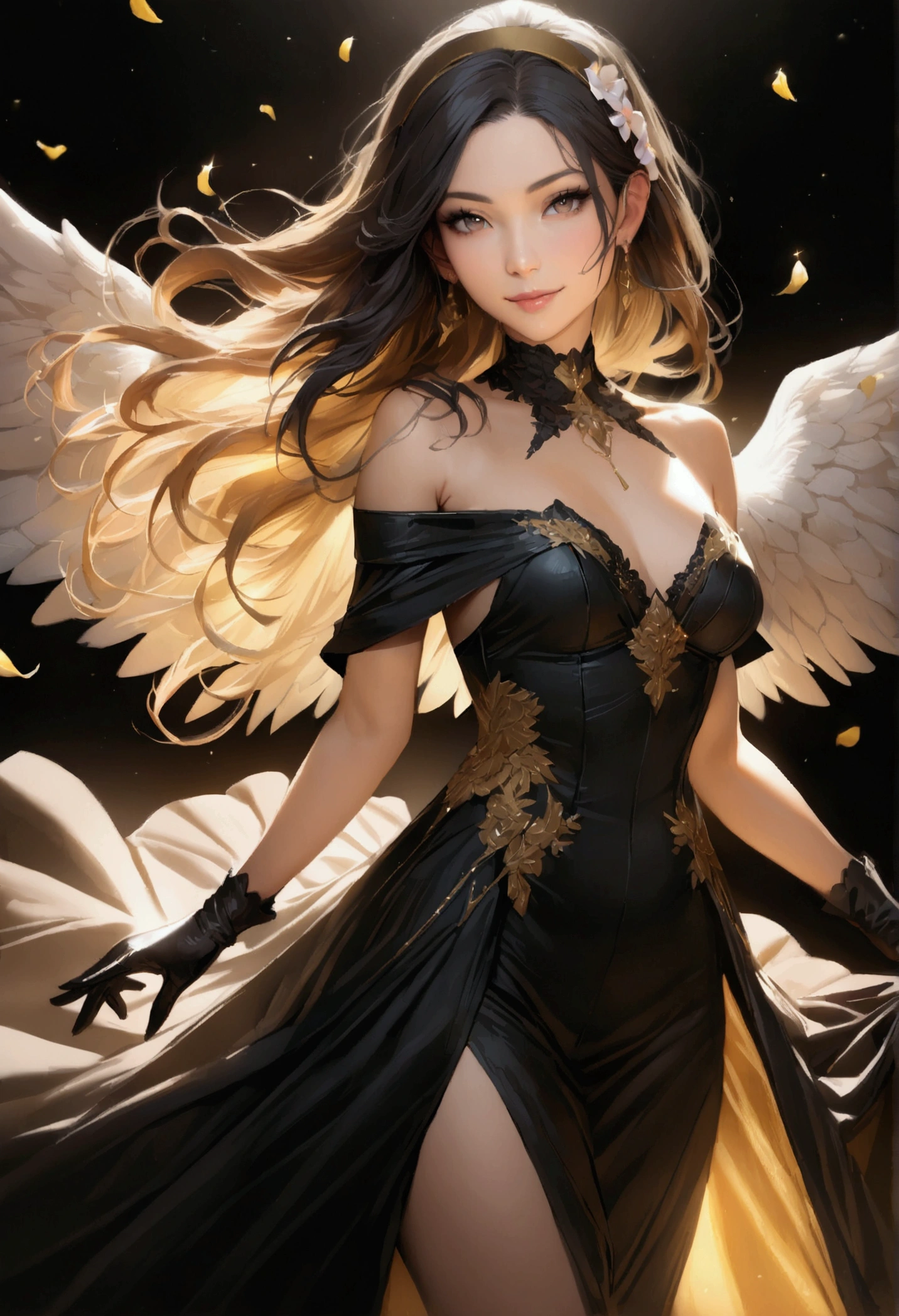 Angel Wings, Beautiful woman, (Reality), Backlight, black background, black skirt, black Gloves, Black Hair, Smile, skirt, earrings, Flowing hair, Gloves, gold earrings, gold Headband, Flowering, Hair accessories, ((Headband)), Jewelry, Light Particles, long hair, Viewer, off-the-shoulder skirt, Off-shoulder, petal, Side Rock, Solitary, spike, Very beautiful dress, Double-sided fabric, ((masterpiece))