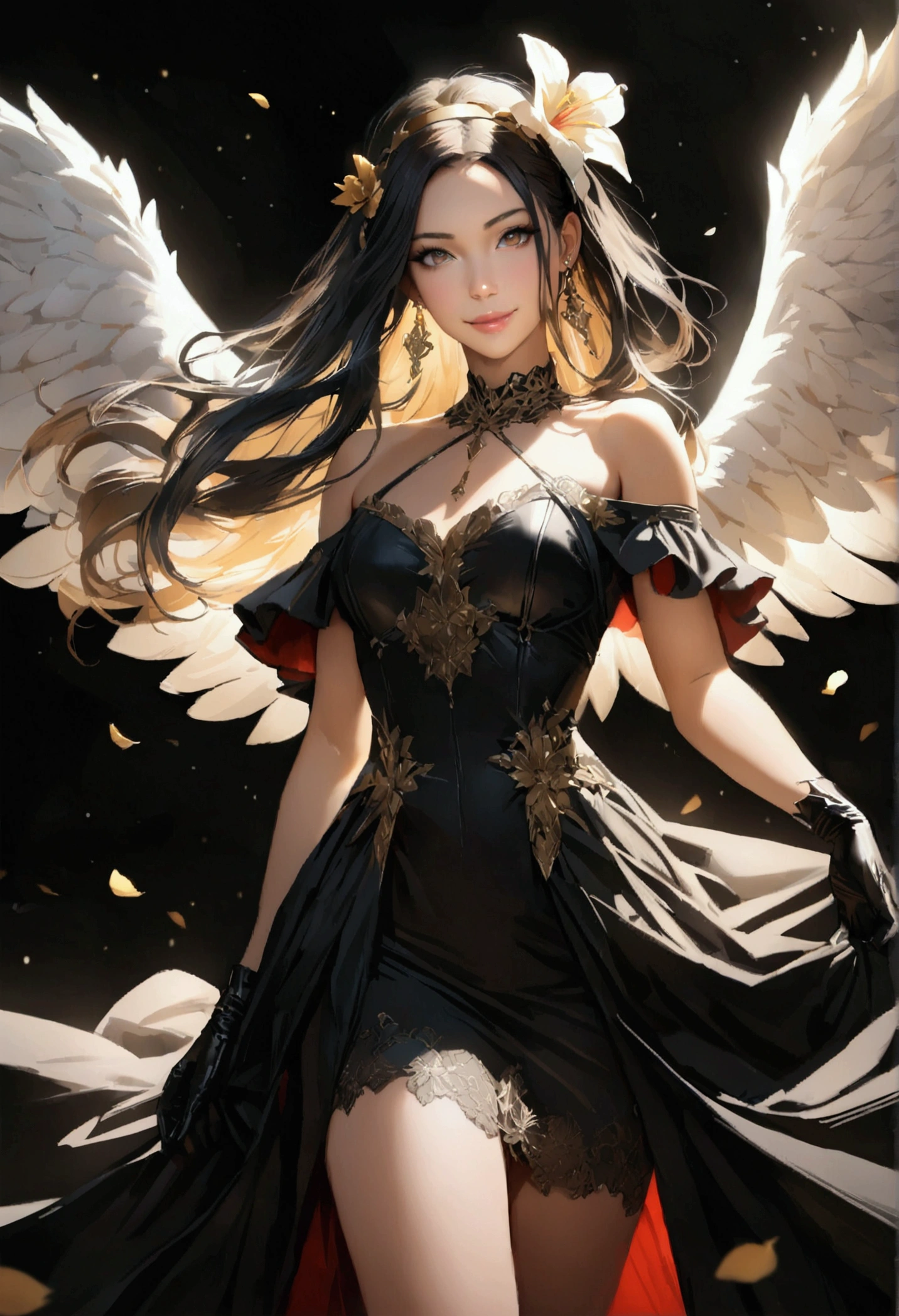 jorbria, angel wings, beautiful woman, (photorealistic), backlit, black background, black dress, black gloves, black hair, smile, cowboy shot, dress, earrings, floating hair, gloves, gold earrings, gold hair band, hair flower, hair ornament, ((hair band)), jewelry, light particles, long hair, look viewer, off-the-shoulder dress, off-shoulder, Petals, Side Rock, Solo, Spike, Beautiful Dress, Double-sided Fabric, ((Masterpiece))