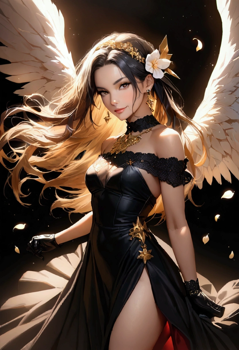 jorbria, angel wings, beautiful woman, (photorealistic), backlit, black background, black dress, black gloves, black hair, smile, cowboy shot, dress, earrings, floating hair, gloves, gold earrings, gold hair band, hair flower, hair ornament, ((hair band)), jewelry, light particles, long hair, look viewer, off-the-shoulder dress, off-shoulder, Petals, Side Rock, Solo, Spike, Beautiful Dress, Double-sided Fabric, ((Masterpiece))  