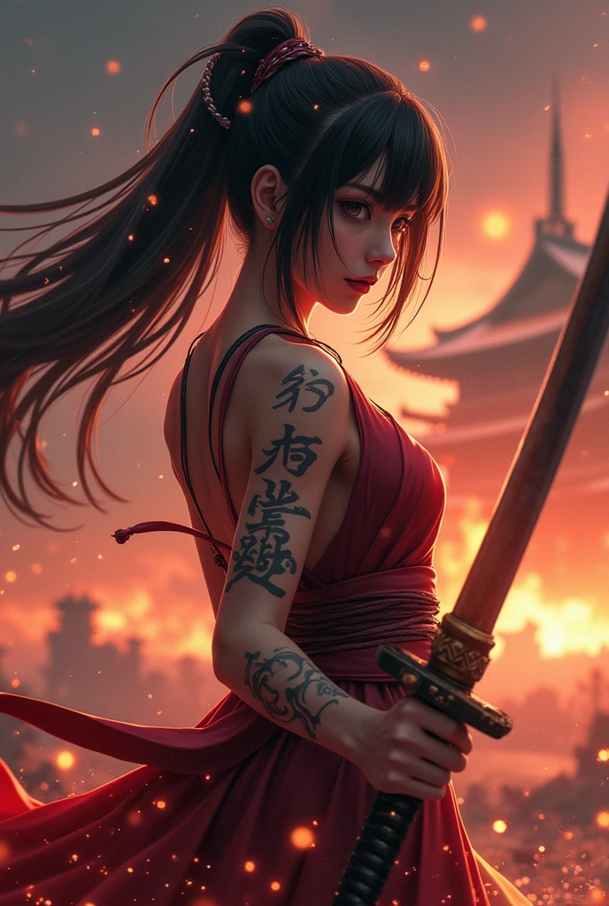 (Japanese sword &reference;Muramasa 2&reference;.2)Beautiful 27 year old woman、Japanese women、Tie your hair back、Hair ornament artist、Shinobi Costume、Warrior、Clear Eyes、{Arm tattoo(SakuraFubuki}&#39;Back Tattoo、Warrior、(Japanese swordを両手で構える、1.3)(Japanese sword1.2)Intermediate position、In front of the body、(Hold the sword horizontally 1.3)、whole body、Long Blade Sword、Realistic battle scenes、敵Warriorの返りBlood、Blood、High resolution、Highest quality、Very detailed、8k、background、The castle is burning、Sparks fly、