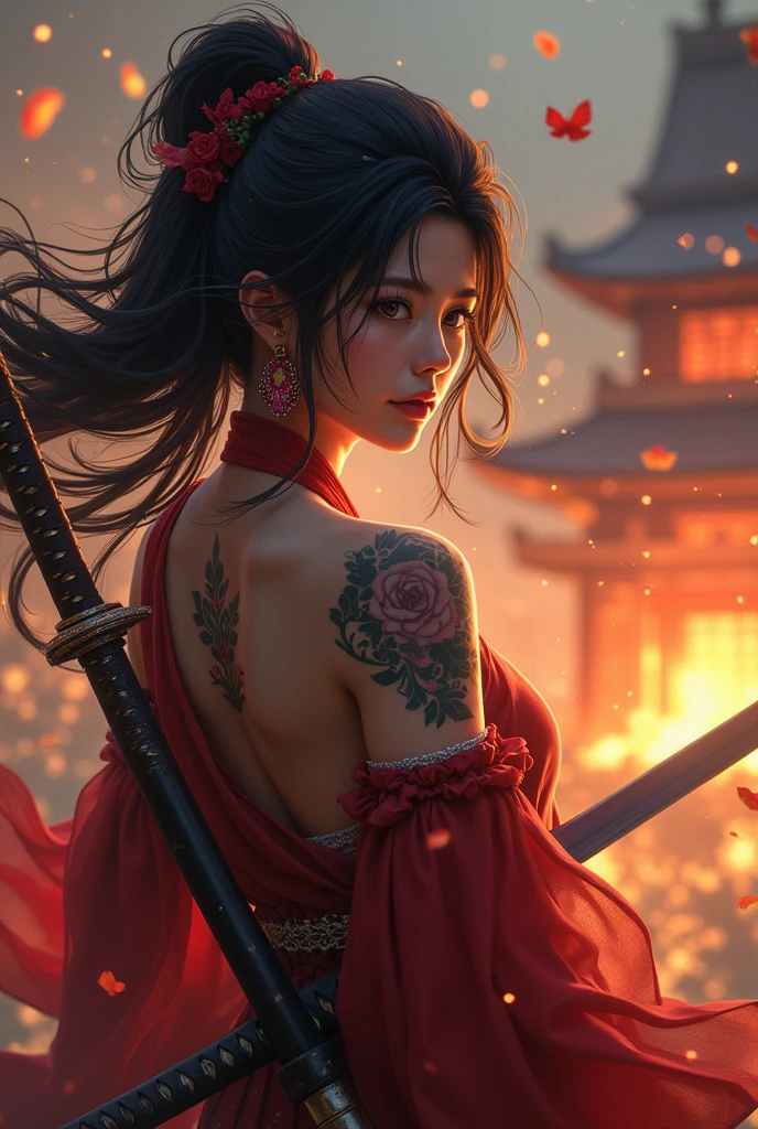 (Japanese sword &reference;Muramasa 2&reference;.2)Beautiful 27 year old woman、Japanese women、Tie your hair back、Hair ornament artist、Shinobi Costume、Warrior、Clear Eyes、{Arm tattoo(SakuraFubuki}&#39;Back Tattoo、Warrior、(Japanese swordを両手で構える、1.3)(Japanese sword1.2)Intermediate position、In front of the body、(Hold the sword horizontally 1.3)、whole body、Long Blade Sword、Realistic battle scenes、敵Warriorの返りBlood、Blood、High resolution、Highest quality、Very detailed、8k、background、The castle is burning、Sparks fly、