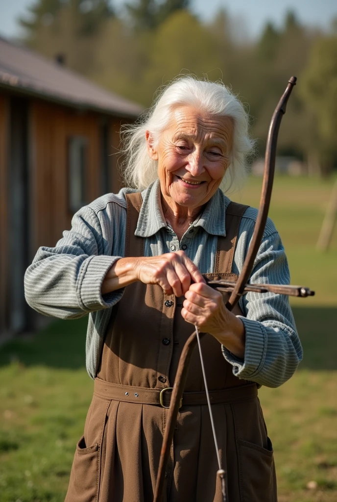 grandma 70-years old with a very kind smile and close eyes is cleaning her bow in the yard of the farm at the sunny weather
