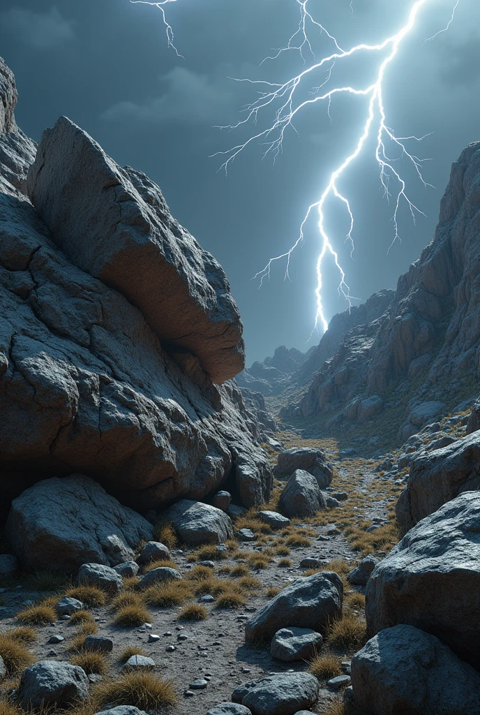 Rocks struck by lightning,rock fragmentation:Lightning strikes rocks,Cracks and fractures in the rock。