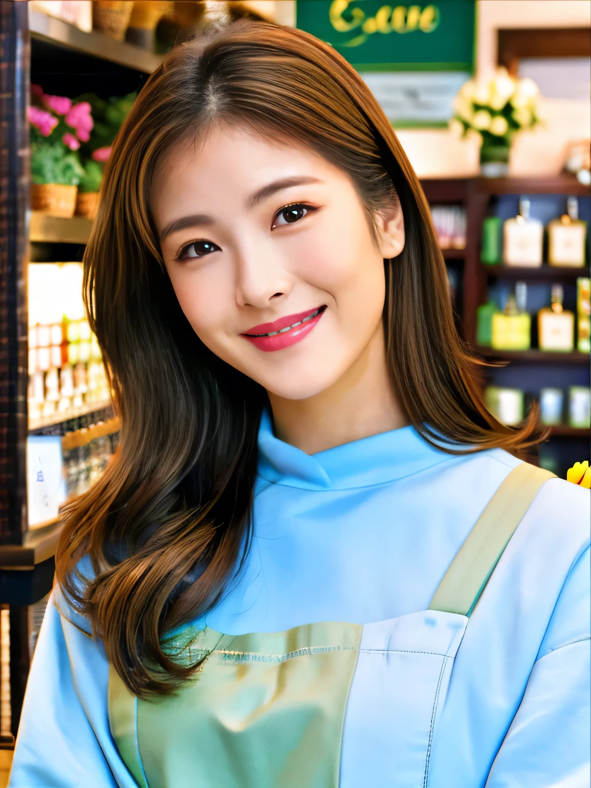 (highest quality、table top、8k、best image quality、Award-winning work)、Beauty of Spain、Spanish face、flower shop clerk、brown eyes、golden and brown hair、beautiful wavy hair、blurred background、The most natural and perfect flower shop interior、The store is decorated with many flowers...、There are many flowers lined up in the store...、Look back with a smile、long sleeve sweatshirt、The most natural and perfect apron、big breasts、emphasize the fullness of the chest、look at me with the best smile、very bright and vivid、perfect makeup、long eyelashes、close up of face、ultra high resolution glossy lips、Super high resolution glossy skin、super high quality hair、Super high-definition sparkling eyes、Super high resolution perfect teeth、Ultra high definition beauty face、Perfect flower shop interior in ultra high resolution