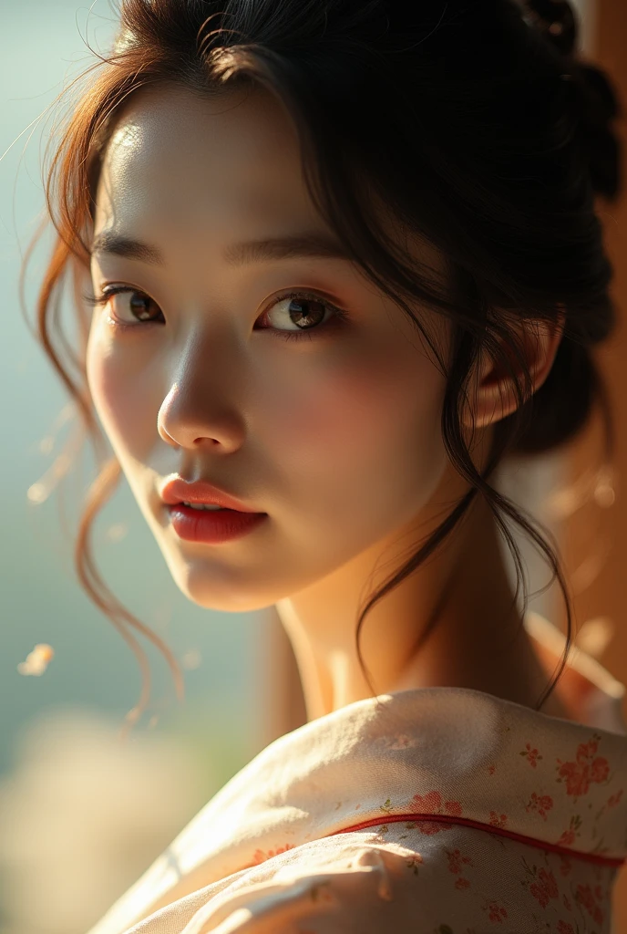 An elegantly dressed Japanese woman in natural light、A close-up of her chest and calm expression.、It shows her inner peace and outer charm.。