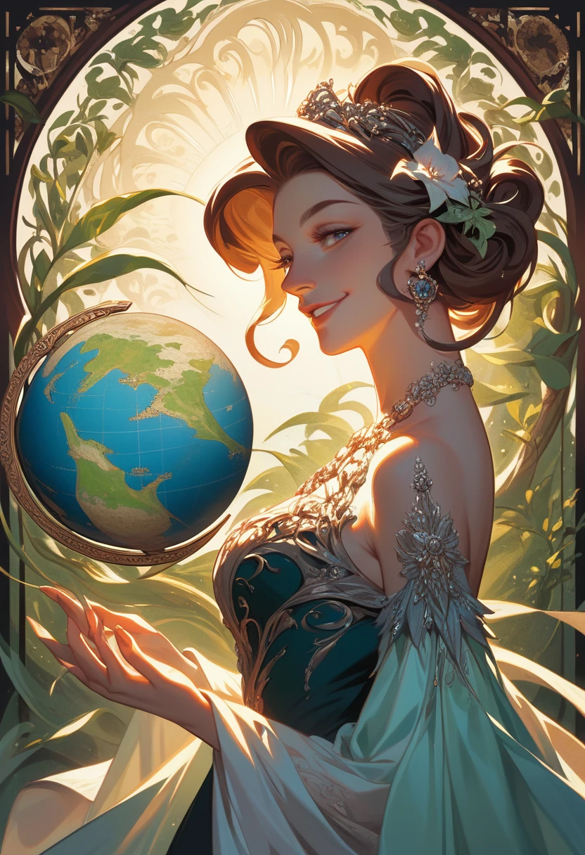 cover page, highres, top quality, best quality, paid reward available, unparalleled masterpiece, perfect artwork, absurdres, High-quality illustrations by Alphonse Mucha, art nouveau, Delicate and elegant linework, flowing hair, Flowing Dresses, Curvilinear lines, Decoration with plant motifs, Geometric decoration, Poetic atmosphere, Rich colors, Dreamy, mystical, Tarot Card(In the forest where the stream flows, Backlighting)perfect anatomy(Furry, Solo focus, Dress, Long Globe, Facial features of animals, Features of the animal's body)All over body, Archaic Smile (portrait),