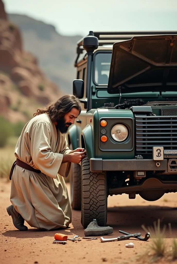 Create me a realistic photo of Jesus Christ repairing a Land Rover Defender