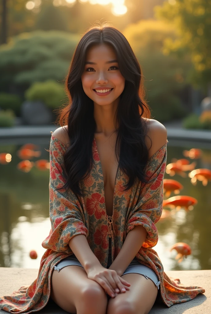 a beautiful Asian woman with black hair, full body, detailed eyes, nose, and lips, wearing colorful, casual, modern outfit, sitting on a bench in a zen garden, pond with coy fish, smiling, golden hour, happy to be alive (best quality,4k,8k,highres,masterpiece:1.2),ultra-detailed,(realistic,photorealistic,photo-realistic:1.37),HDR, studio lighting, extremely detailed face and body, portrait, cinematic lighting, dramatic lighting, warm color tones, dramatic colors