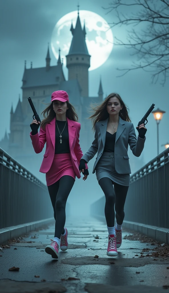 Two girls, long black hairs, yuri
(The first girl wear a pink suit, black shirt, pink cap, pink pencil skirt, black underpants, black tights, white socks, pink sneakers high top)

(The second girl wore a grey suit, black shirt, grey cap, grey pencil skirt, black underpants, black tights, white socks, grey sneakers high top)

Holding a handguns, angry eyes and smiled, running on foggy bridge of the vampire castle, fantastic night moon sky, novel cartoon, 4K, HD