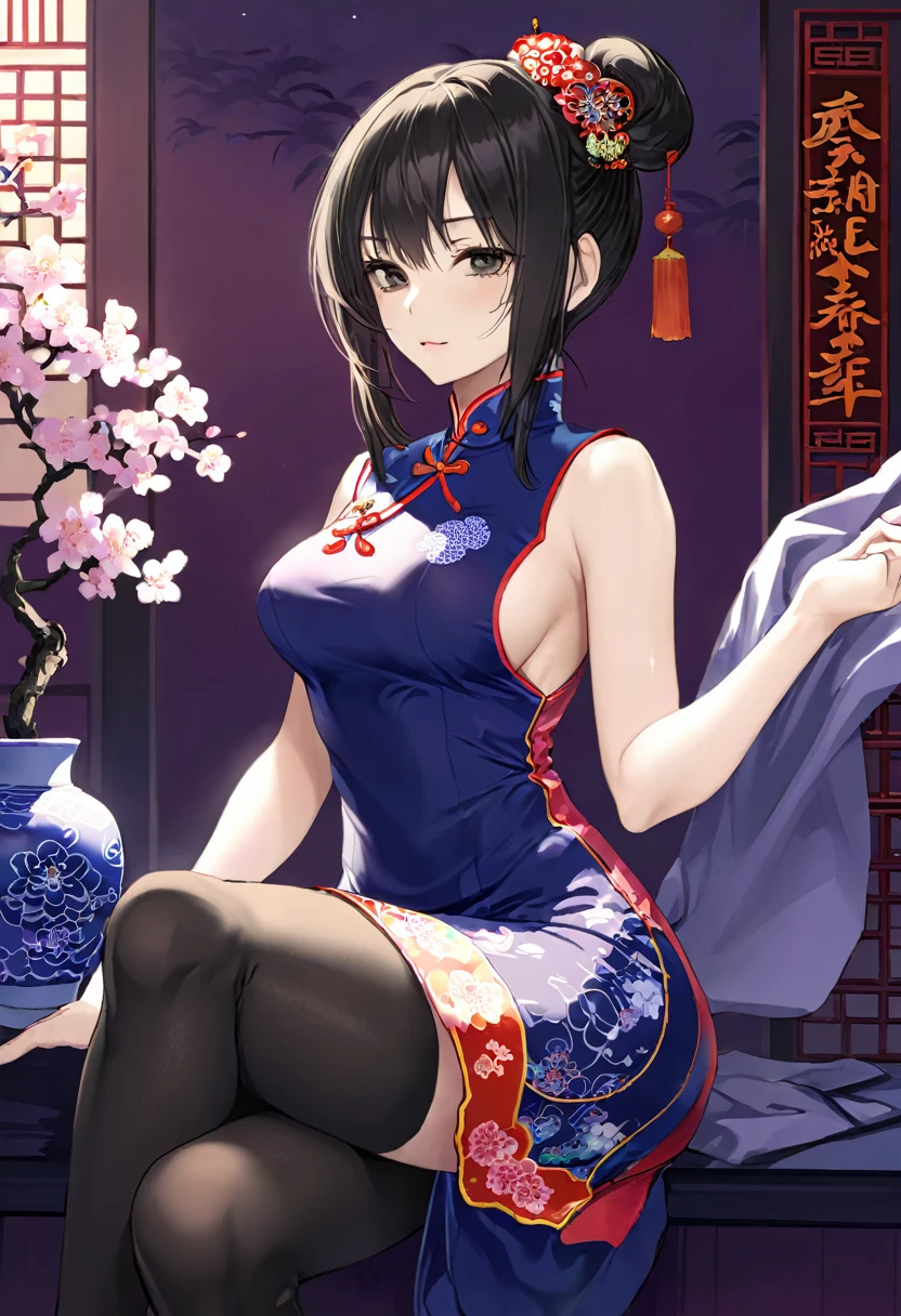 High resolution , good lighting, Negligible,  (((cheongsam of the east))),(socks),beautiful face, I&#39;I&#39;m embarrassed and blushing, humiliating, ((transparent)),transparent. Girl with long hair, black in color, blue colored eyes. with big breasts, slim with hips and ass, no belly.
