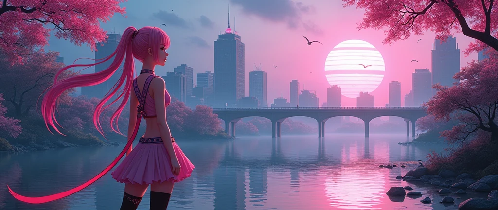 anime character Inori Yuzuriha, cyberpunk landscape of Hoan Kiem Lake
