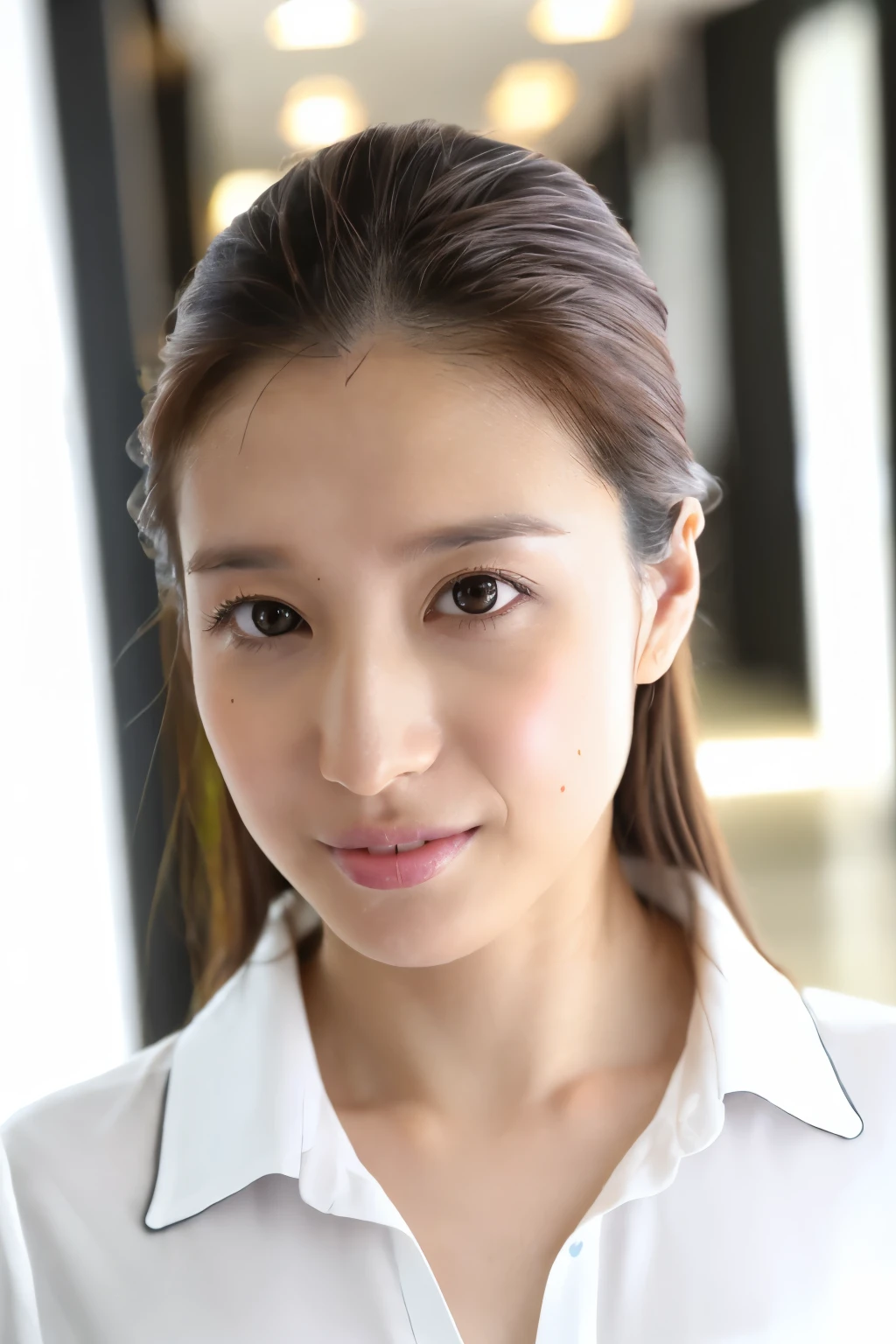 (Highest quality、Tabletop、8k、Best image quality、Award-winning works)、1 Beauty,Great face and eyes, (An ennui look:1.2), (Highly detailed beautiful face), Bright and shiny lips, look at me、(Elegant white office blouse:1.1)、(Face close-up:1.1)、Cinema Lighting、(Standing in a stylish and beautiful modern office corridor:1.2)、(Strongly blurred background:1.4)、(Romantic lighting for epic films:1.3)、(Tyndall effect:1.2)、(Accurate anatomy:1.1)、(Very white skin:1.2)、(High nose:1.1)、(Exposing the forehead:1.1)、Straight Long Hair、Look at me