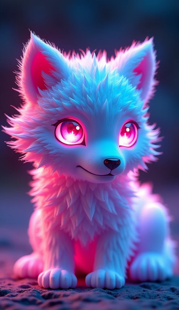 매혹적인 3D rendering은 빛나는 것을 보여줍니다., A very fluffy baby wolf sculpted entirely from crystal, glowing with vibrant neon colors. This low poly creature looks out of this world, Its big, Glowing low poly eyes that grab the viewer's attention. With a beautiful bokeh background, The glowing wolf is the main focus of this piece.., Inspiring wonder and awe. The innovative use of neon hues and low-poly style in this conceptual art design highlights the artist's creativity and innovative approach to 3D rendering, It made it a truly fascinating and unique piece of art..., vibrant, 3D rendering, product, conceptual art, picture
