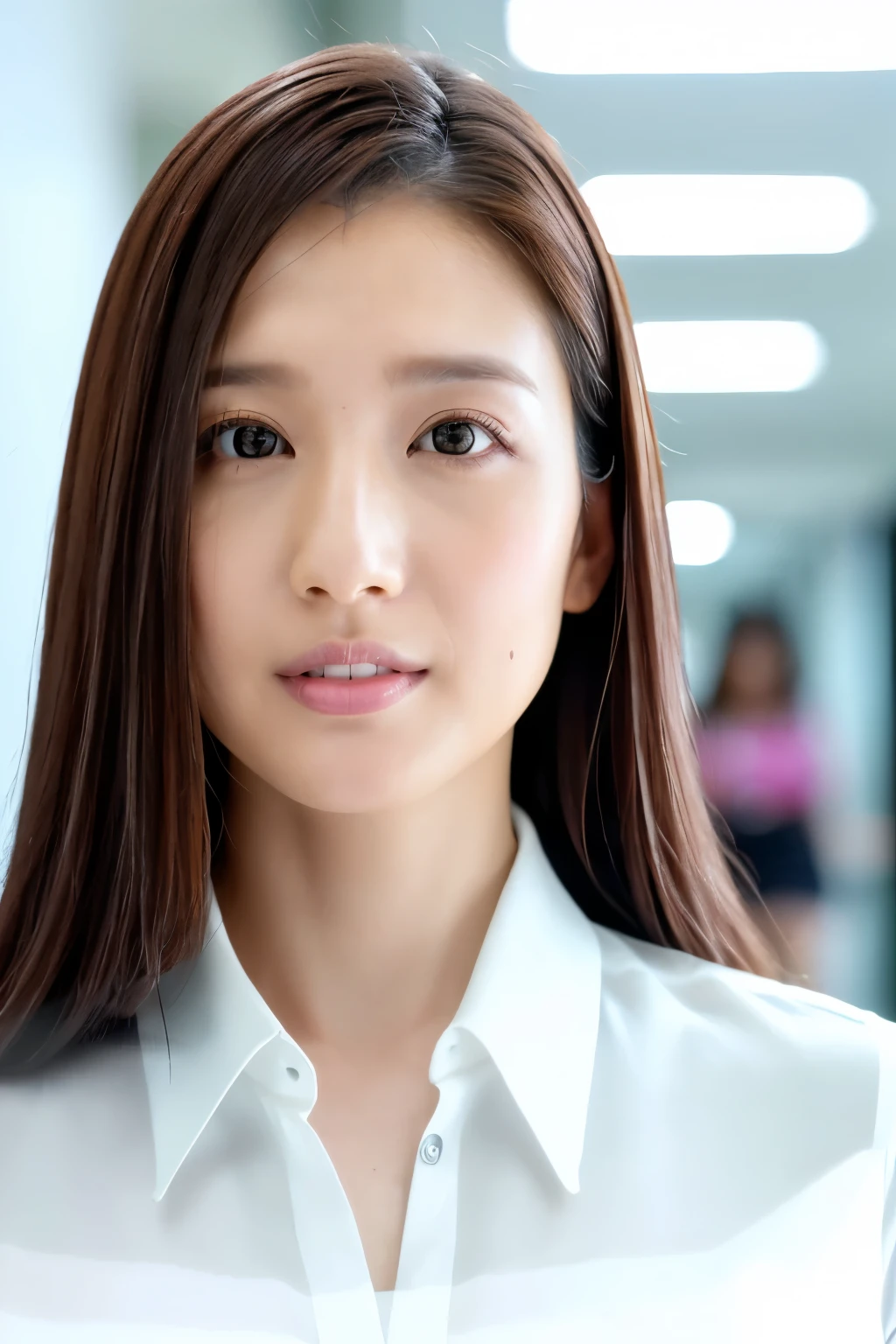 (Highest quality、Tabletop、8k、Best image quality、Award-winning works)、1 Beauty,Great face and eyes, (Malaise:1.2), (Highly detailed beautiful face), Bright and shiny lips, look at me、(Elegant white office blouse:1.1)、(Face close-up:1.1)、Cinema Lighting、(Standing in a stylish and beautiful modern office corridor:1.2)、(Strongly blurred background:1.4)、(Romantic lighting for epic films:1.3)、(Tyndall effect:1.2)、(Accurate anatomy:1.1)、(Very white skin:1.2)、(High nose:1.1)、(Exposing the forehead:1.1)、Straight Long Hair、Look at me