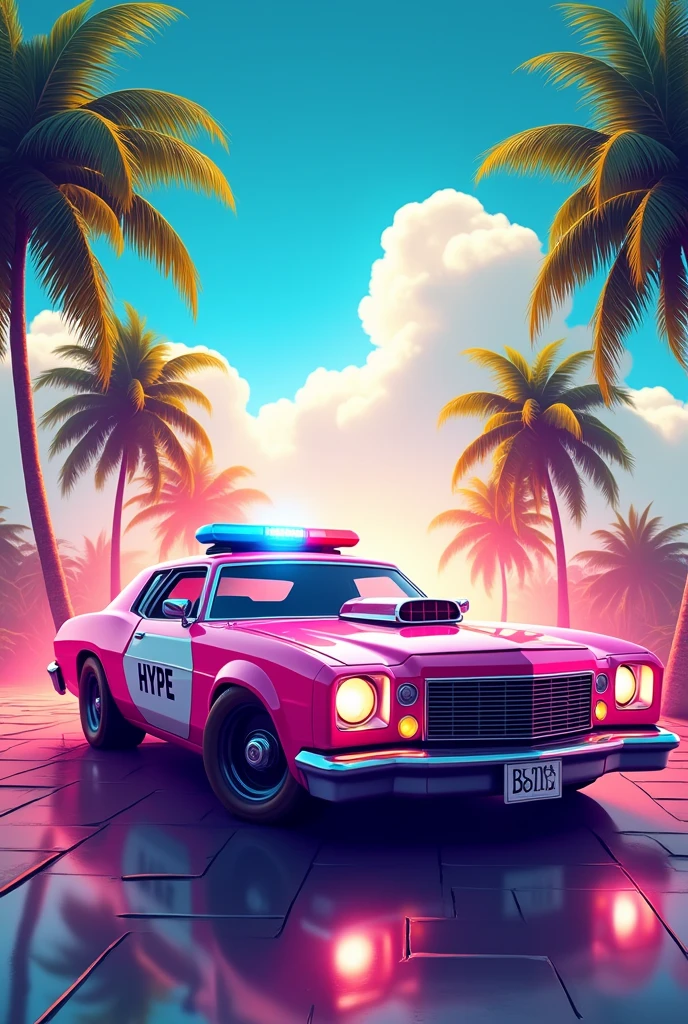 Create a pink logo for a game called hype with a police car with hype written on it and some coconut trees in the background