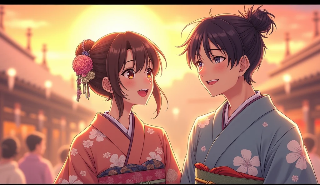 (best quality, masterpiece, ultra detailed), Japanese men and women in kimonos are smiling and enjoying the summer festival