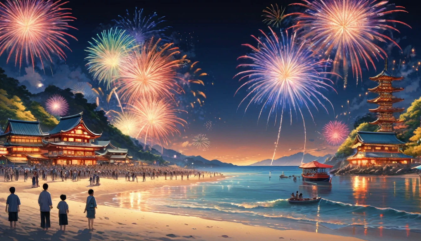 Summer festival on the beach, Ticker, firework, Japanese, Highest quality, masterpiece, Representative works, Official Art, Professional, Super intricate details, 8k