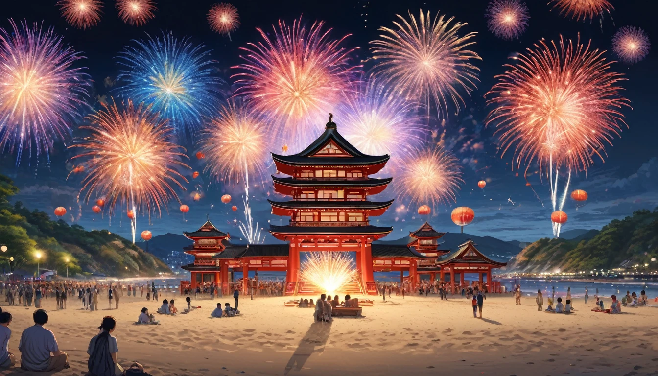 Summer festival on the beach, Ticker, firework, Japanese, Highest quality, masterpiece, Representative works, Official Art, Professional, Super intricate details, 8k