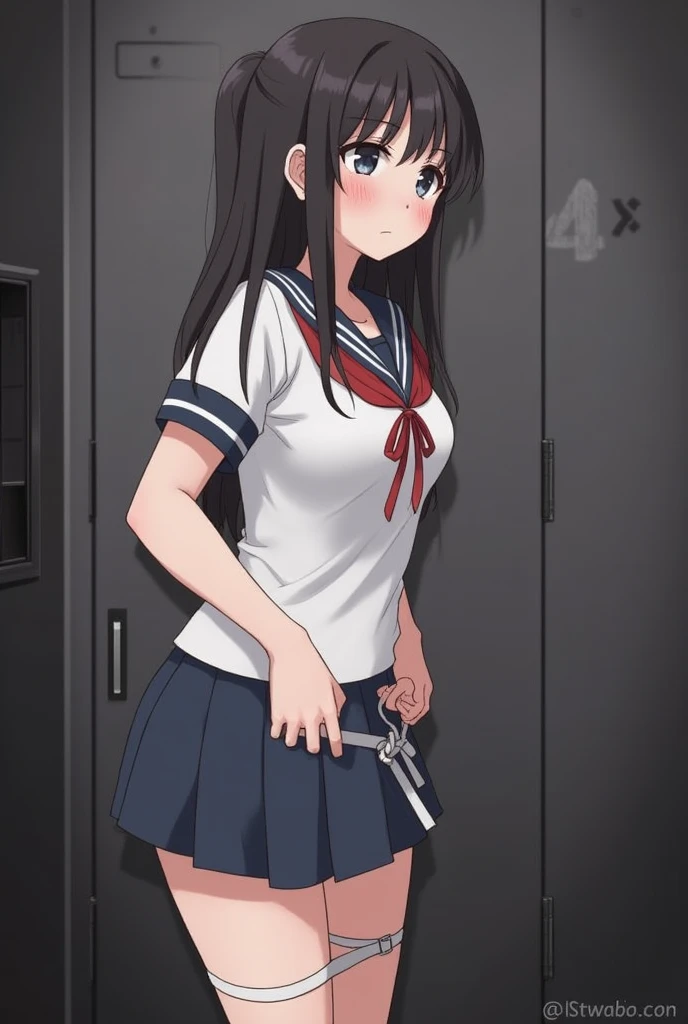 1 girl, Tied up, (Tied up:1.5), (underground室内, underground, torture chamber), (Tie your ankles, Wrist restraint), (blush:1.5), (Are crying:1.1), (Watery eye:1.1), (Struggle:1.5), (blush, Worried, Scared, Watery eye), Junior high school girl, ((Tight clothing, Short sleeve, Sailor suit, mini skirt, No shoes)), Perfect body, Thick thighs, Perfect Face, Beautiful Face, Beautiful Eyes, Detailed eyes, Taunt, whole body, Side view
