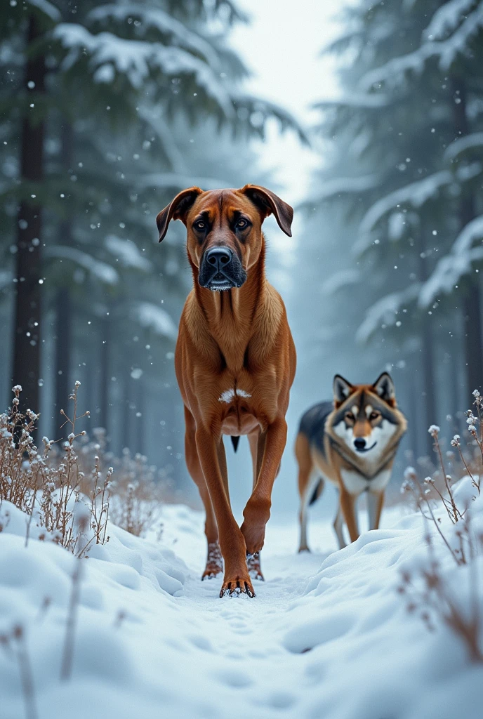 (photorealism:1.2), rhodesian Ridgeback walking,snowy Forest,wolf near him