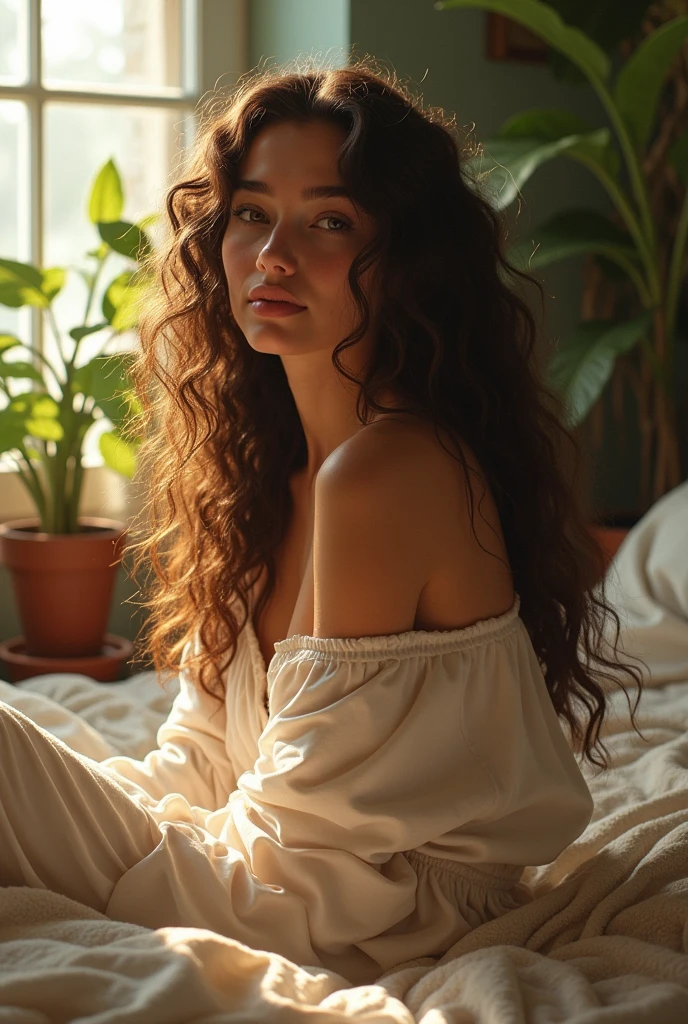 (photorealism:1.2), beautiful woman, sitting on bed, wearing loose off-shoulder top, pajama pants, long curly hair, indoors, soft lighting, plants in background, window with sunlight, cozy room, relaxed pose, realistic, intricate details, warm colors, by Greg Rutkowski, by Alphonse Mucha